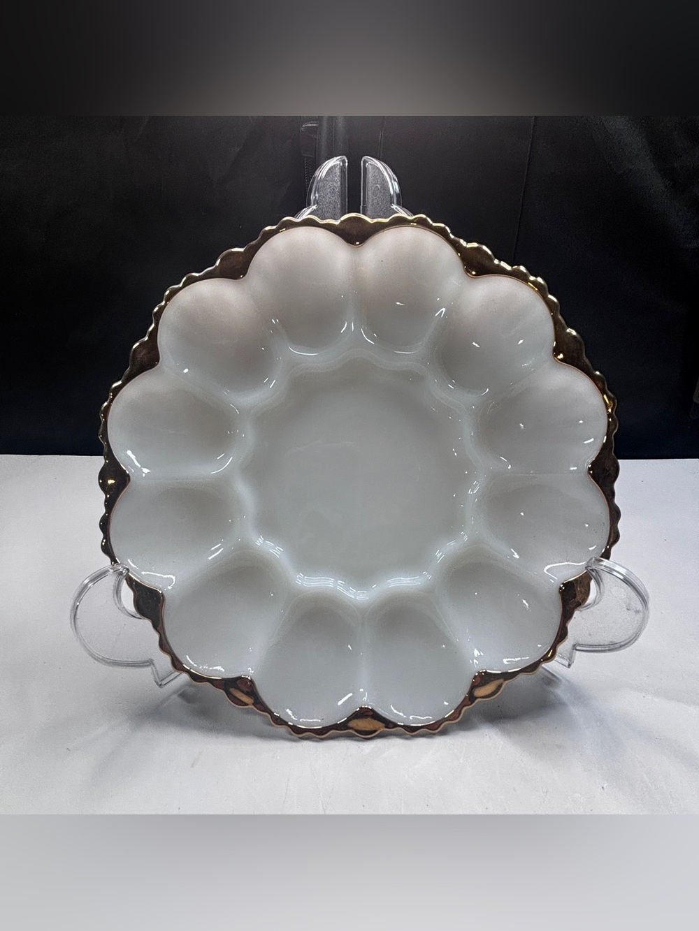 Vintage Fire King White Milk Glass Deviled Egg Serving Dish 10” W/Gold Trim